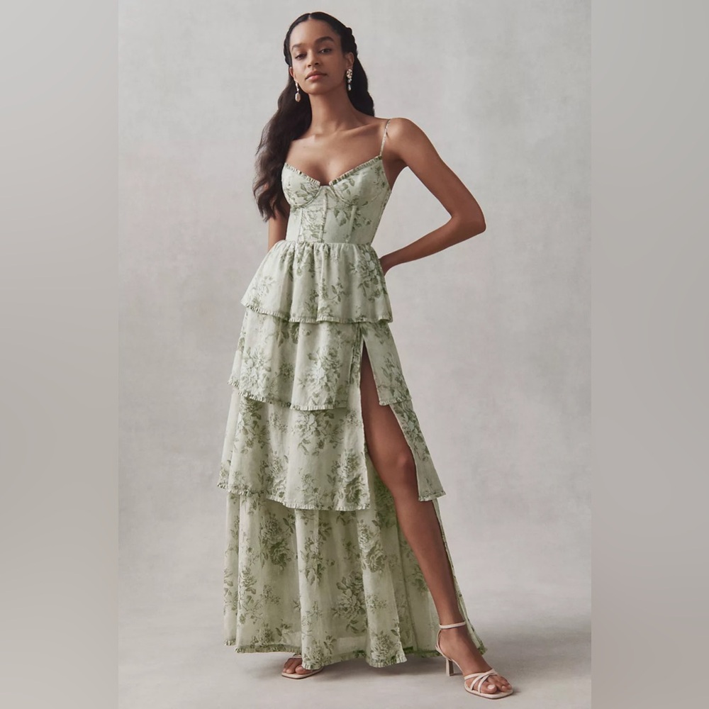 V. Chapman Caterina Corset Ruffle Dress in SAGE TAPESTRY